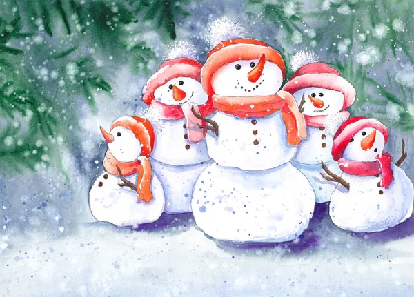 Різдвяна Родина Сніговиків Під Снігом Акварельна Ілюстрація — стокове фото