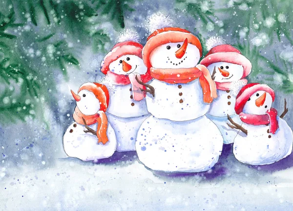 Natal Família Boneco Neve Sob Neve Ilustração Aquarela — Fotografia de Stock