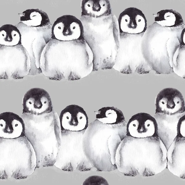 Seamless Pattern Cute Baby Penguins Watercolor Illustration Gray Background — Stock Photo, Image