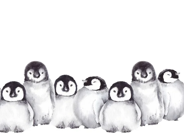 Şirin bebek penguen ile kış sınır. Beyaz zemin üzerine suluboya resim.