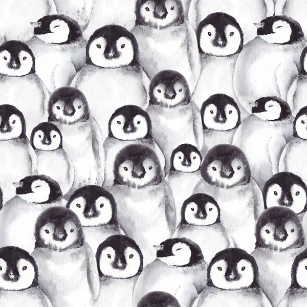 Padrão Sem Costura Com Muitos Pinguins Bebê Bonito Ilustração Aquarela — Fotografia de Stock