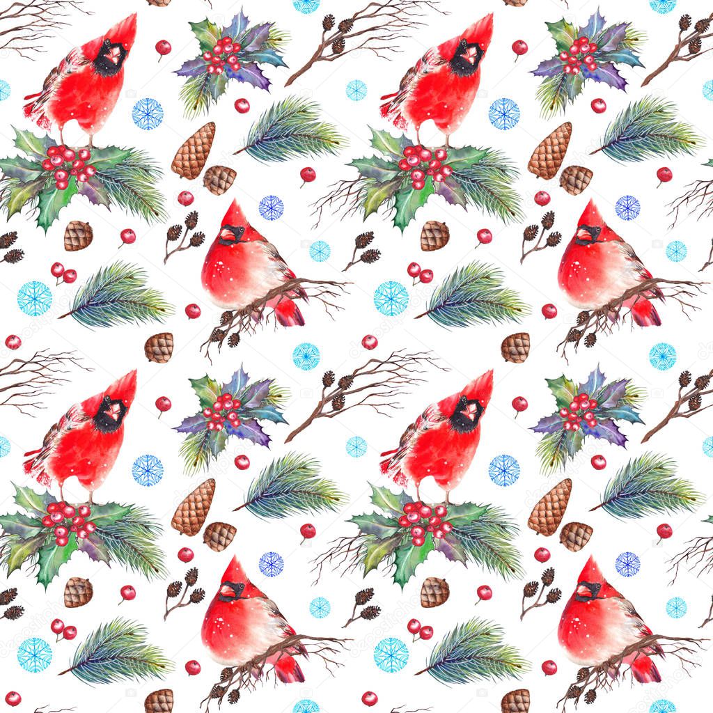 Seamless pattern with red northern cardinals, holly berries, pine branches, cones, dry twigs and snowflakes. Watercolor on white back ground.