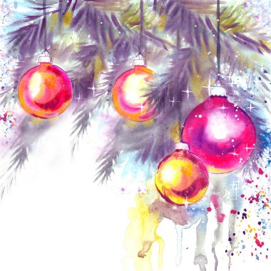 Christmas decoration with balls, fir branches, watercolor  drops and trickles. Watercolor illustration. clipart