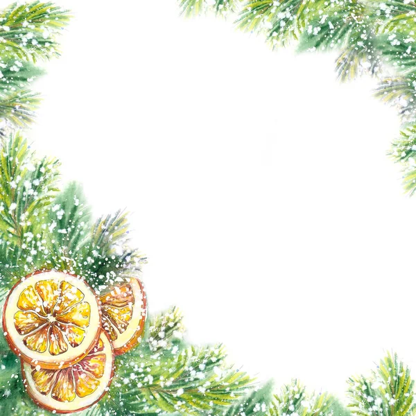Χριστουγεννιάτικο Καρέ Αποξηραμένες Φέτες Πορτοκαλιού Κλαδιά Έλατου Και Χιόνι Ακουαρέλα — Φωτογραφία Αρχείου