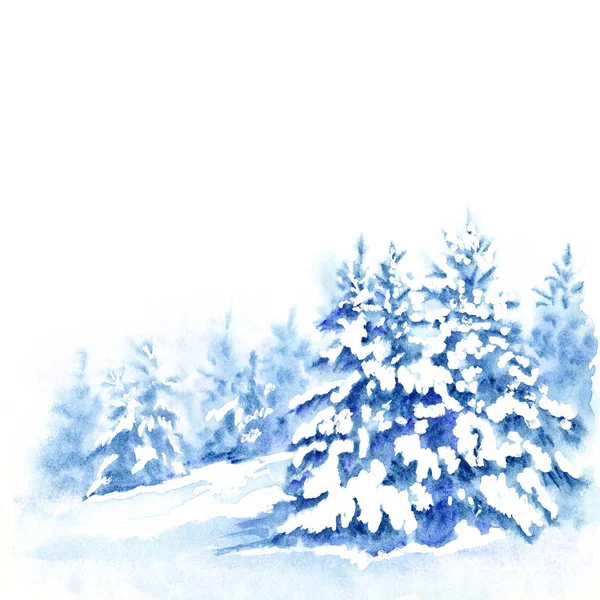 Fir Trees Snow Winter Forest Landscape Watercolor Illustration Greeting Cards — Stock Photo, Image