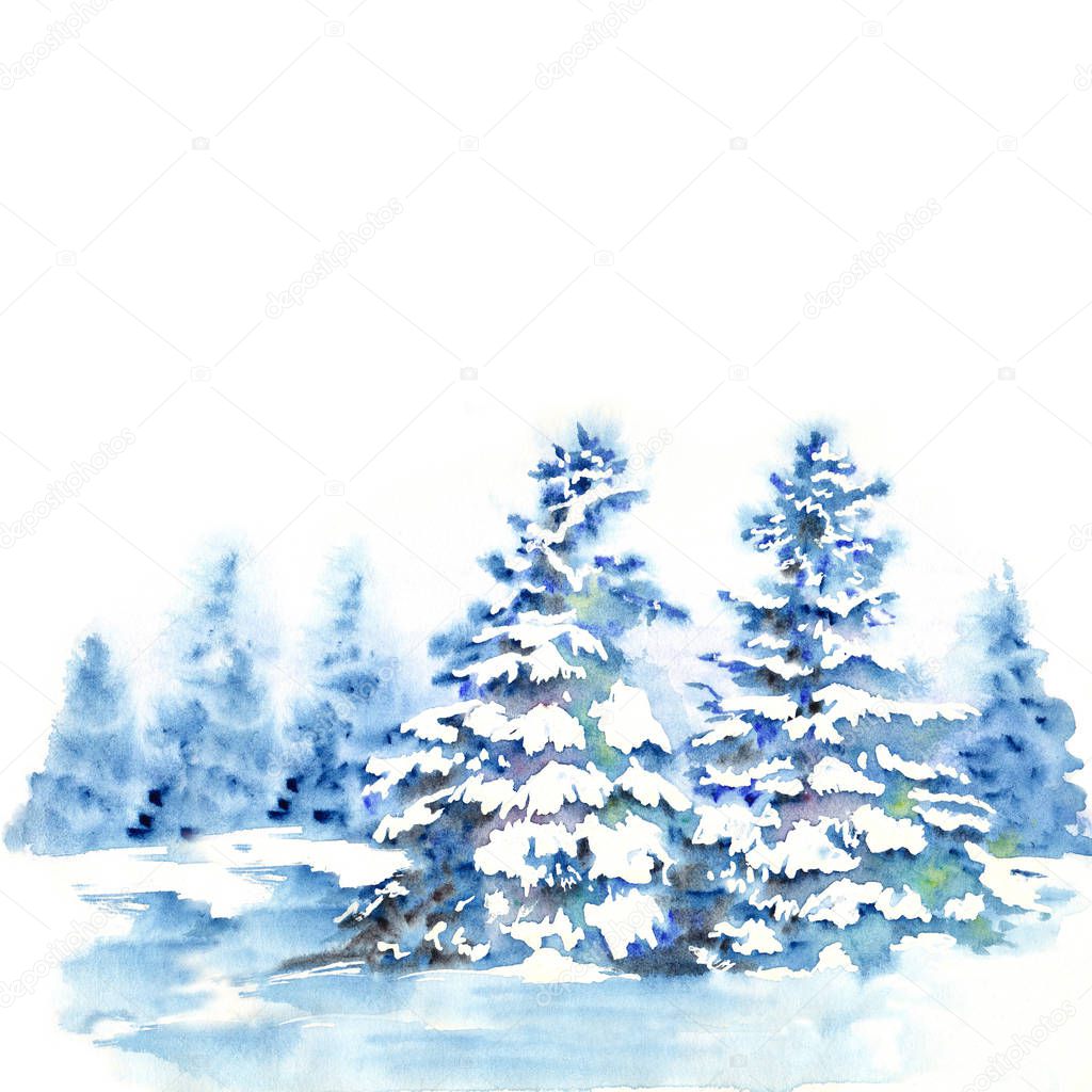 Winter forest landscape with fir trees under snow. Watercolor illustration for greeting cards.
