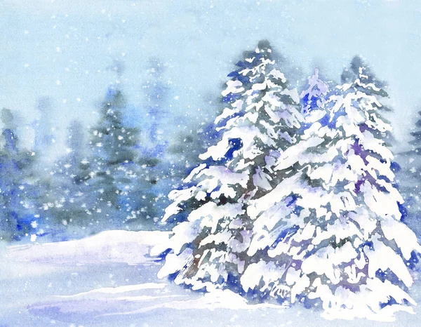 冬季森林与美丽的冷杉树下降雪 贺卡水彩插图 — 图库照片