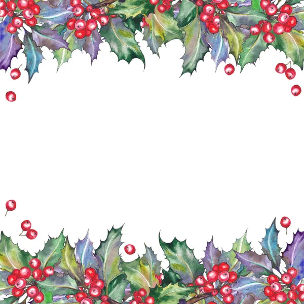 Boże Narodzenie Ramki Holly Czerwone Jagody Rośliny Akwarela Ilustracja Białym — Zdjęcie stockowe