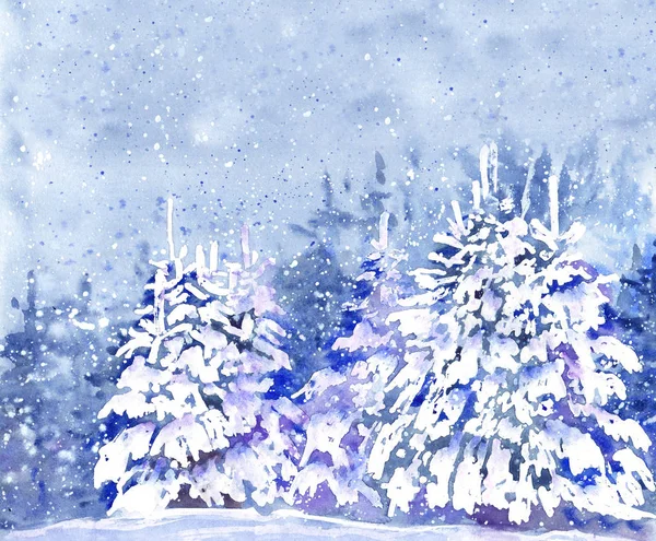 冬季森林与冷杉树下降雪 贺卡水彩插图 — 图库照片