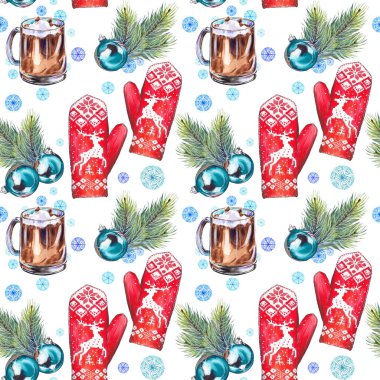 Fincan sıcak çikolata, Noel topları, Çamın dalları, kar taneleri ve kırmızı ile Seamless modeli mittens kış geyik ile süsleme ördü. Suluboya resim.