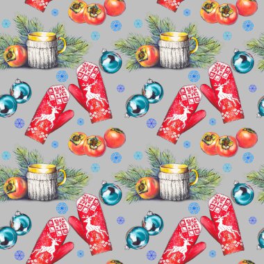Fincan sıcak bir içecek, Noel topları, persimmons, Çamın dalları, kar taneleri ve kırmızı ile Seamless modeli mittens kış geyik ile süsleme ördü. Gri zemin üzerine suluboya resim.