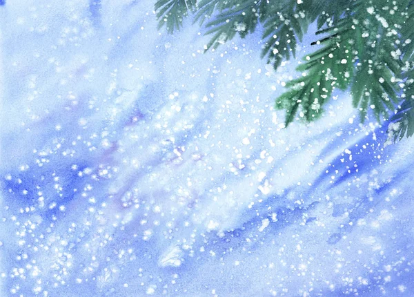 Зимний Снегопад Текстура Синем Фоне Еловыми Ветвями Ручная Рисованная Акварель — стоковое фото