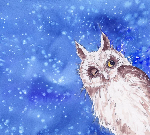 Snowfall texture with funny owl on dark blue background. Winter watercolor illustration.