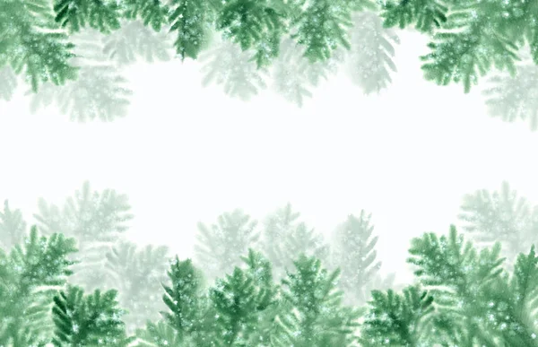 モミの枝と雪のクリスマス フレームです 白い背景の水彩画のイラスト — ストック写真