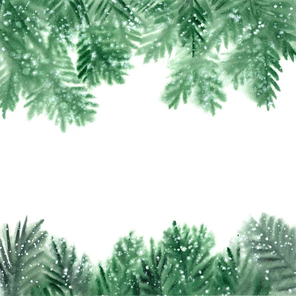モミの枝と雪の冬クリスマス フレーム 白い背景の水彩画のイラスト — ストック写真