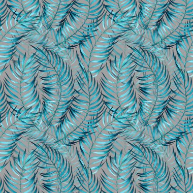Tropikal palmiye ile Seamless modeli bırakır. Turkuaz rengi gri arka plan üzerinde. Suluboya resim.