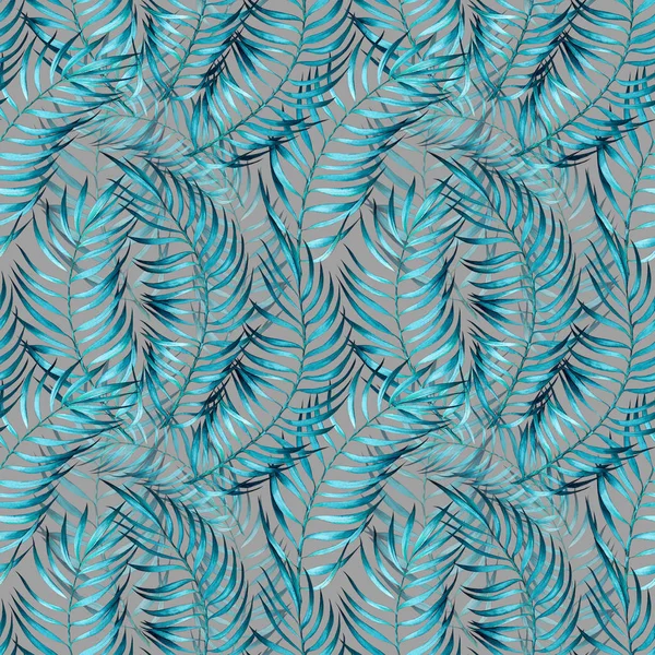 Seamless pattern with tropical palm leaves. Turquoise color on gray background. Watercolor painting.