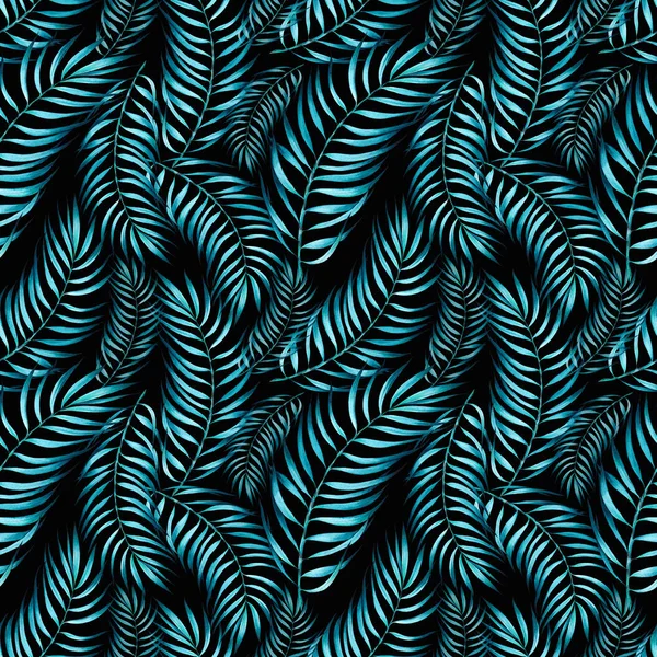 Seamless Pattern Tropical Palm Leaves Turquoise Color Black Background Watercolor — Stock Photo, Image