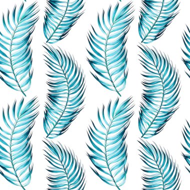 Tropikal palmiye ile Seamless modeli bırakır. Turkuaz Beyaz arka plan üzerinde. Suluboya resim.