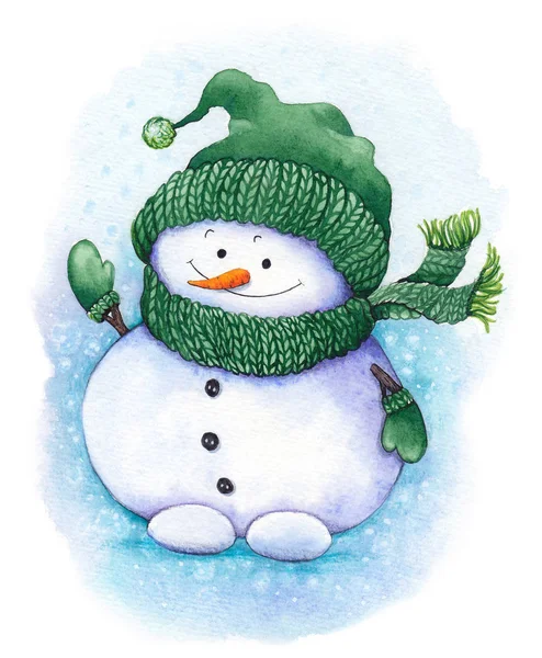 Kleine Baby Sneeuwpop Dragen Groene Gebreide Muts Sjaal Wanten Aquarel — Stockfoto