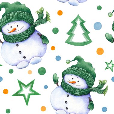 Yeşil örgü şapka, eşarp ve eldiven giymiş küçük kardan adam ile Seamless modeli. Beyaz arka plan üzerine suluboya.