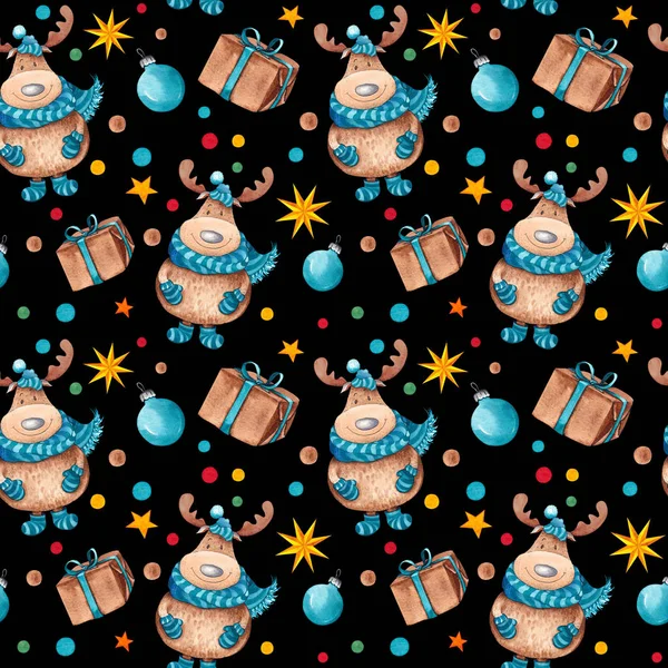 Seamless pattern with little moose, presents, christmas balls, stars and confetti. Watercolor on black background.