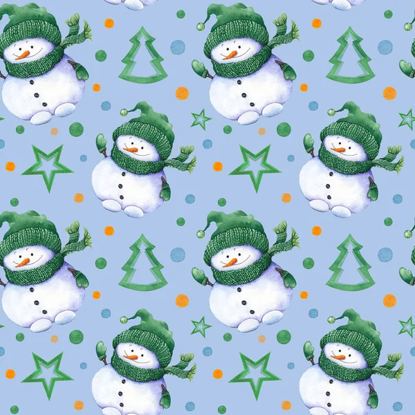 Бесшовный Рисунок Маленькими Снеговиками Зеленой Вязаной Шляпе Шарфе Варежках Акварель — стоковое фото