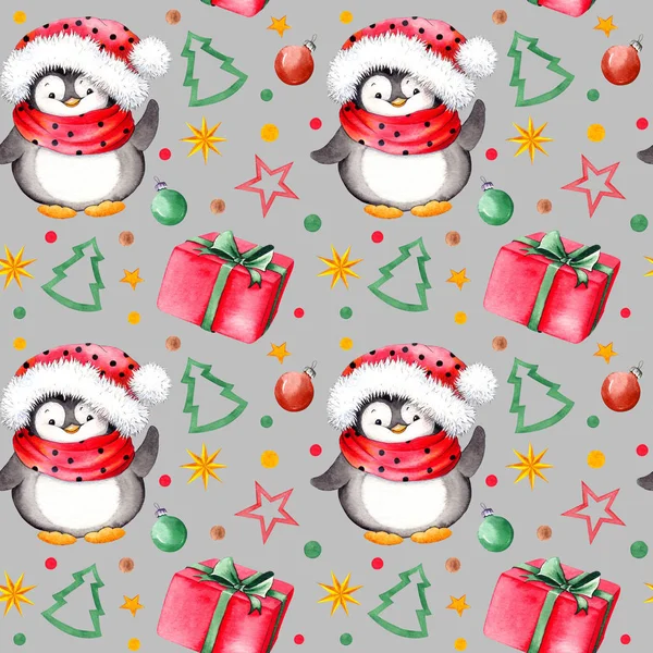 Seamless pattern with little penguins, presents, christmas balls, stars and confetti. Watercolor on gray background.