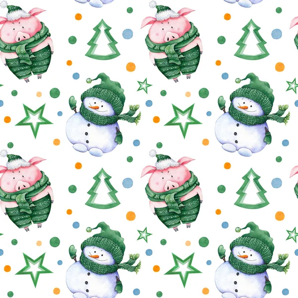 Бесшовный Рисунок Маленькими Снеговиками Рождественскими Свиньями Звездами Конфетти Акварель Белом — стоковое фото