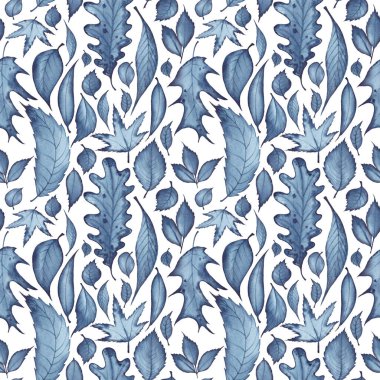 Koyu mavi yaprakları ile Seamless modeli. Beyaz zemin üzerine suluboya resim.