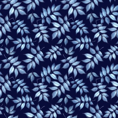 Mavi yaprakları ile Seamless modeli. Koyu mavi zemin üzerine suluboya resim.
