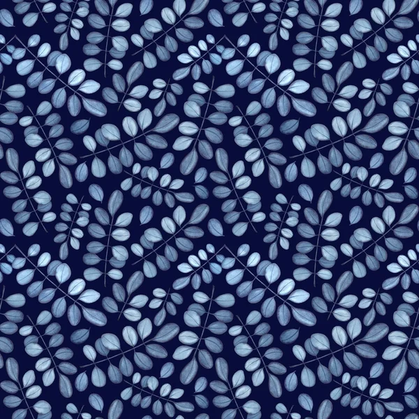 Seamless pattern with dark blue leaves. Watercolor illustration on dark blue background.