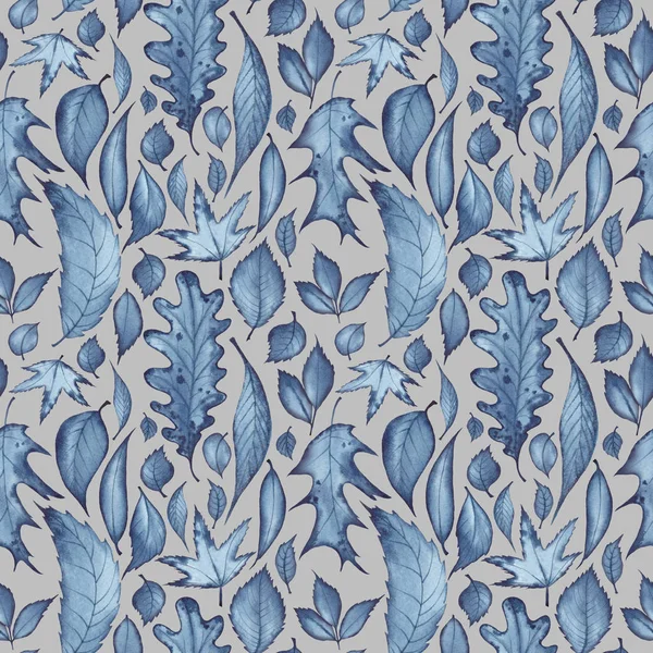 Naadloze Patroon Met Verschillende Soorten Bladeren Aquarel Illustratie Donkerblauw Grijze — Stockfoto
