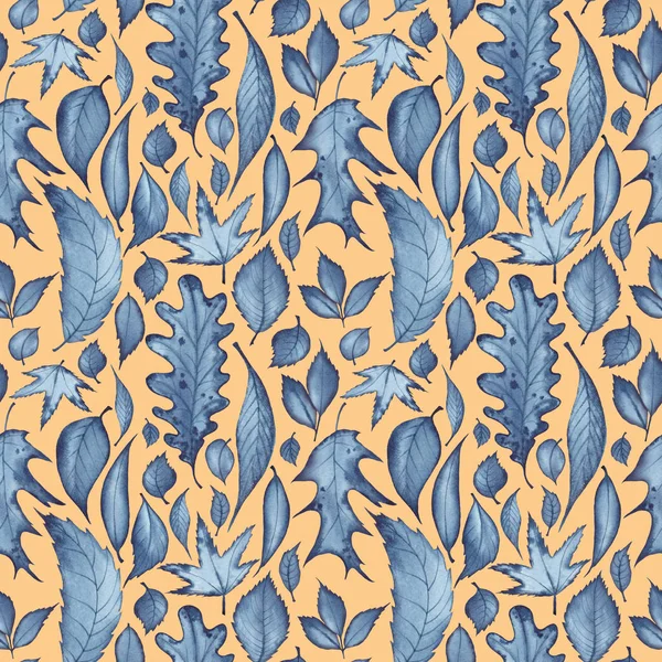 Naadloze Patroon Met Verschillende Soorten Bladeren Aquarel Illustratie Donkerblauw Licht — Stockfoto