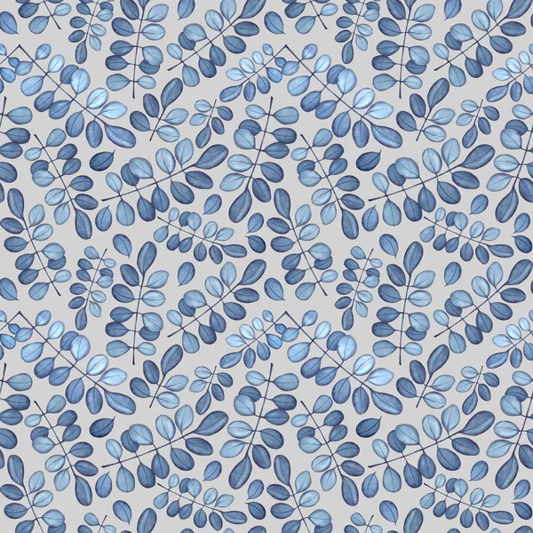 Seamless pattern with dark blue leaves. Watercolor illustration on gray background.