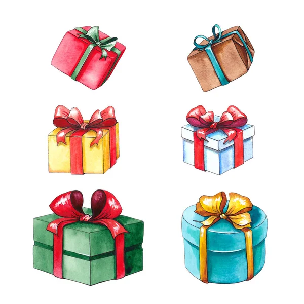Set of colorful gift boxes. Watercolor isolated on white.