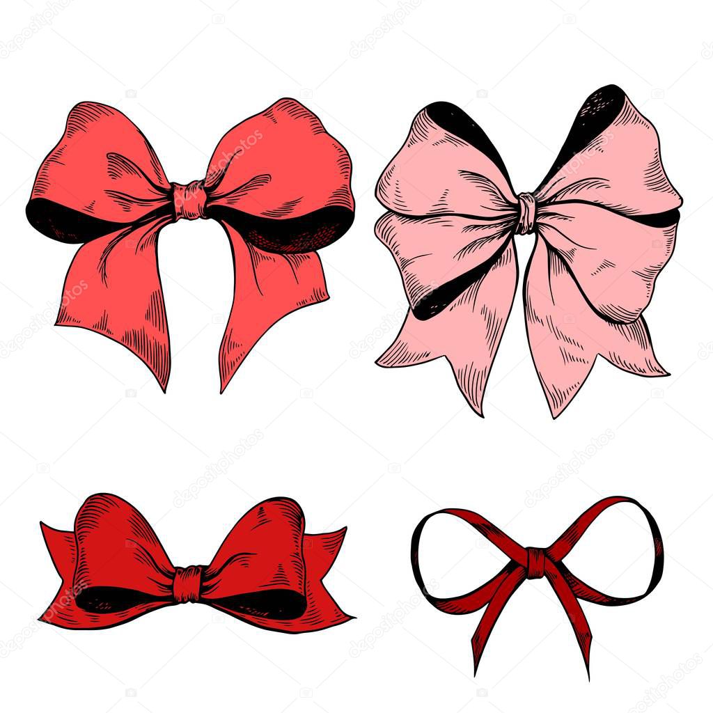 Set of red ribbon bows. Hand drawn vector illustration isolated on white. 