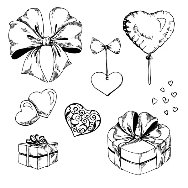 Set Aus Herzen Geschenken Und Bögen Handgezeichnete Vektor Illustration Für — Stockvektor
