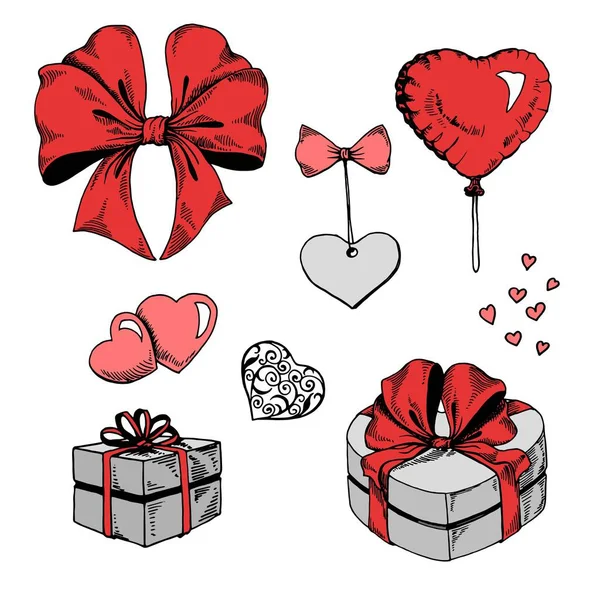 Ensemble Coeurs Cadeaux Arcs Dessinés Main Illustration Vectorielle Pour Cartes — Image vectorielle