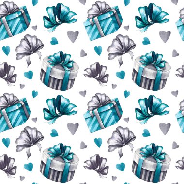 Hediye kutuları, şerit yay ve kalpleri ile Seamless modeli. Beyaz zemin üzerine suluboya resim.