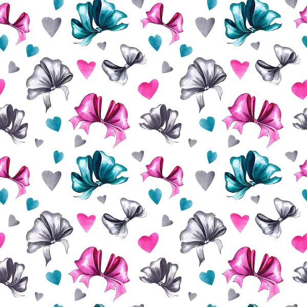 Seamless Pattern Ribbon Bows Hearts Watercolor Illustration White Background — Stock Photo, Image
