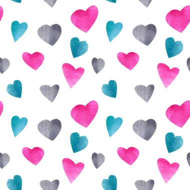 Kalp şekilleri ile Seamless modeli. Beyaz arka plan üzerine suluboya.