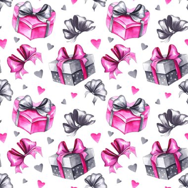 Pembe hediye kutuları ile Seamless modeli. Beyaz zemin üzerine suluboya resim.