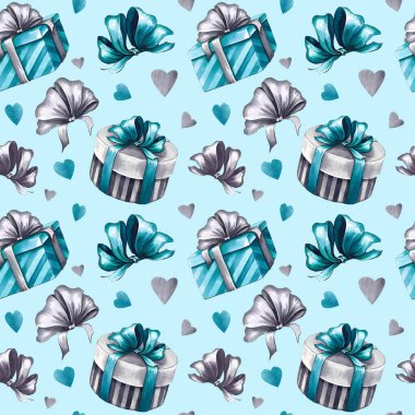 Hediye kutuları ile Seamless modeli. Mavi zemin üzerine suluboya resim.
