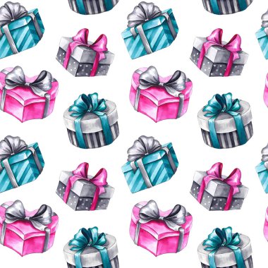 Hediye kutuları ile Seamless modeli. Beyaz zemin üzerine suluboya resim.