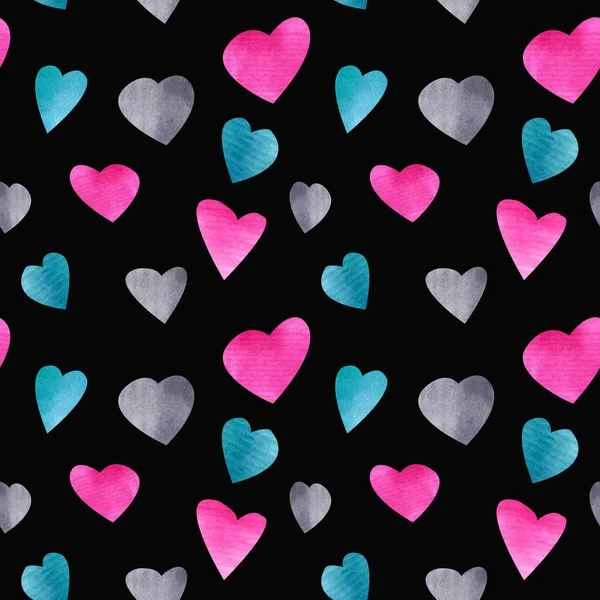 Patrón Sin Costuras Con Formas Corazón Acuarela Sobre Fondo Negro —  Fotos de Stock