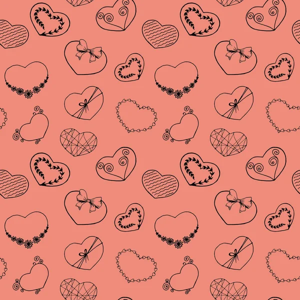 Seamless pattern with hand drawn heart shapes on living coral background.
