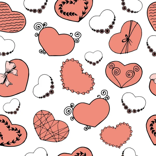 Patrón Sin Costuras Con Corazones Coral Vivos Ilustración Vectorial Dibujada — Archivo Imágenes Vectoriales