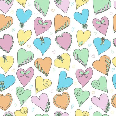 Yumuşak renkli kalpler ile Seamless modeli. Çizilmiş vektör çizim el.