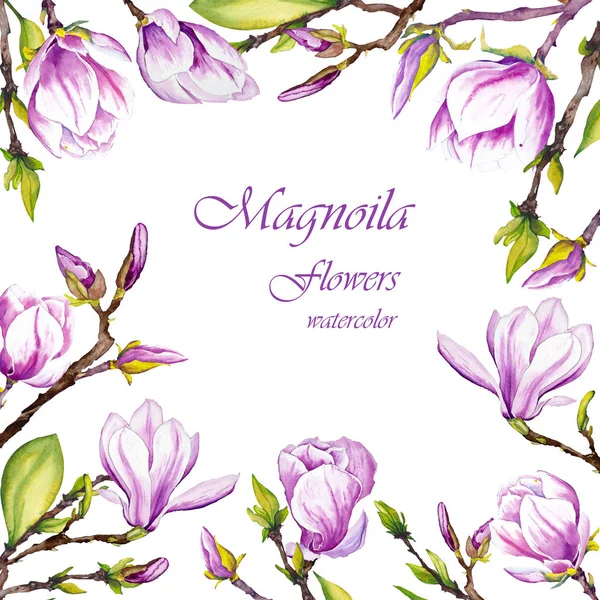 Frühlingsrahmen Mit Magnolienblüten Aquarell Illustration Auf Weißem Hintergrund — Stockfoto